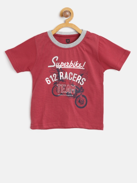 

612 league Boys Red Printed Round Neck T-shirt