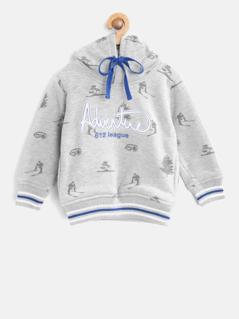 

612 league Boys Grey Melange Printed Hooded Sweatshirt