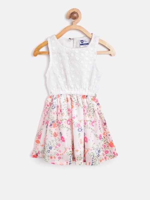 

612 league Girls White & Pink Floral Print Fit & Flare Dress