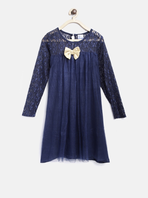 

612 league Girls Navy Self Design Net A-Line Dress, Navy blue
