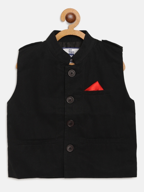 

612 league Boys Black Solid Cotton Nehru Jacket