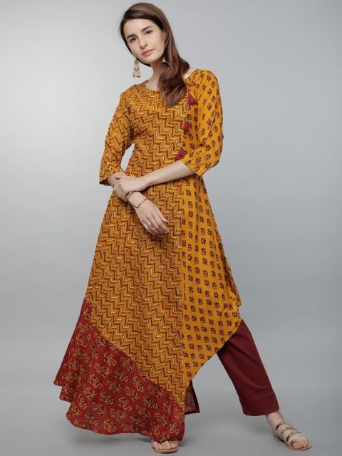 

Vishudh Women Mustard & Red Printed A-Line Kurta