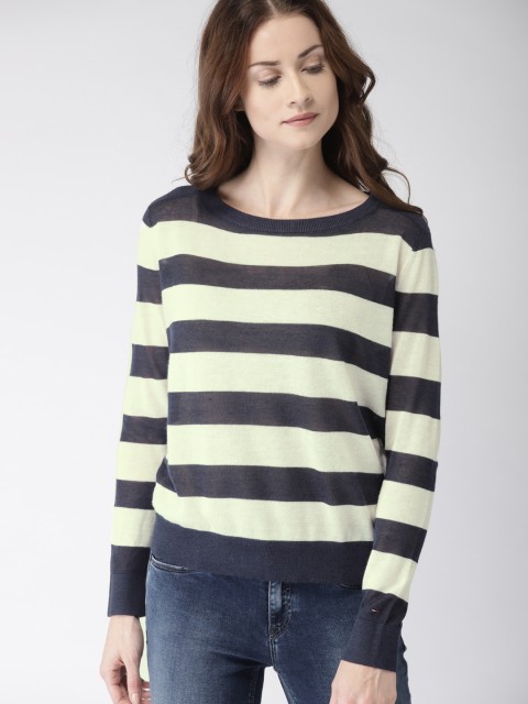 

Tommy Hilfiger Women Off-White & Navy Blue Striped Pullover