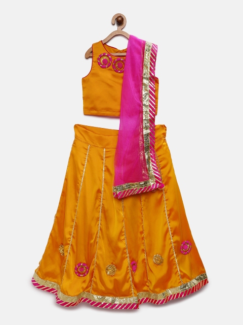 

Fairies Forever Girls Orange & Pink Solid Ready to Wear Pattu Pavadai with Dupatta