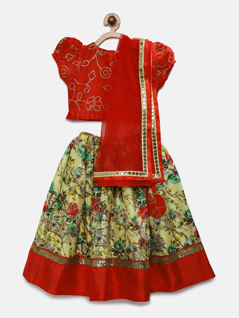 

Fairies Forever Girls Red & Yellow Embellished Ready to Wear Lehenga & Blouse with Dupatta