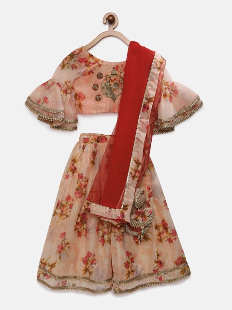 

Fairies Forever Girls Peach-Coloured & Red Printed Ready to Wear Lehenga & Blouse with Dupatta