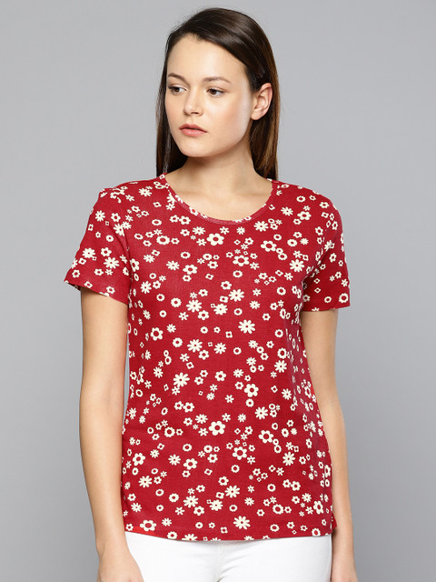 

Chemistry Women Red & Cream-Coloured Printed Round Neck T-shirt