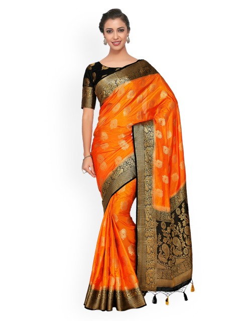 

MIMOSA Orange & Black Art Silk Woven Design Kanjeevaram Saree