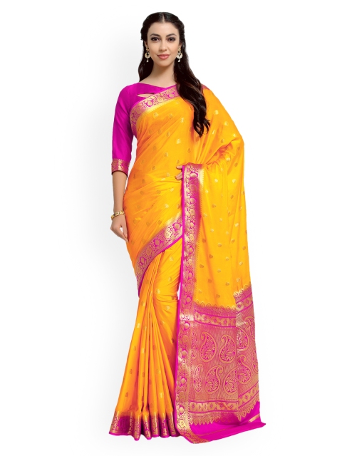 

MIMOSA Yellow & Pink Poly Crepe Woven Design Kanjeevaram Saree