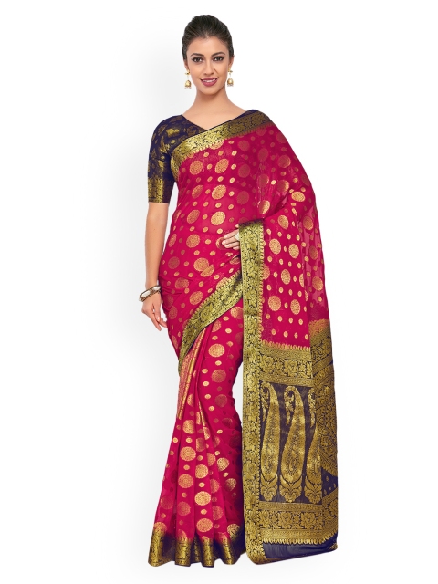 

MIMOSA Pink & Navy Blue Poly Chiffon Woven Design Kanjeevaram Saree