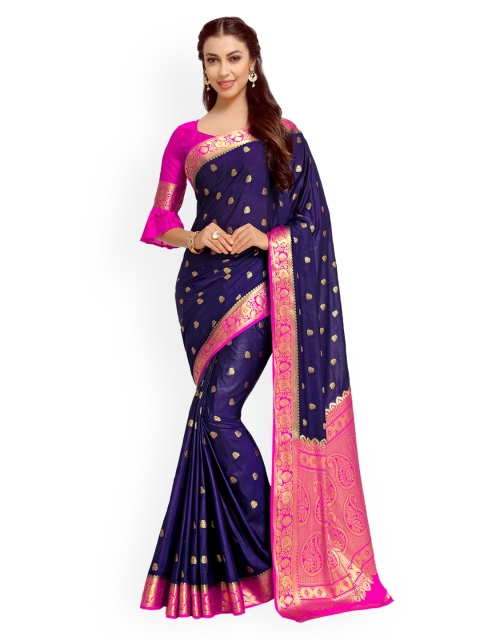 

MIMOSA Navy Blue & Pink Poly Crepe Woven Design Kanjeevaram Saree