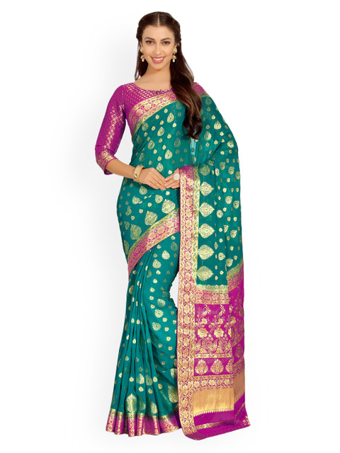 

MIMOSA Teal & Pink Poly Chiffon Woven Design Kanjeevaram Saree