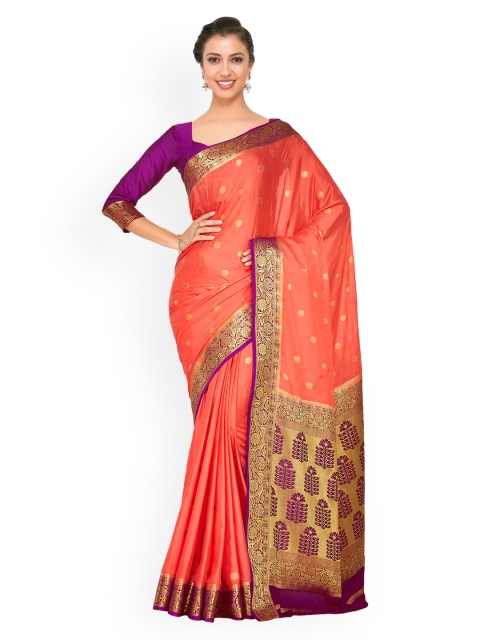

MIMOSA Coral-Coloured & Purple Poly Crepe Woven Design Kanjeevaram Saree