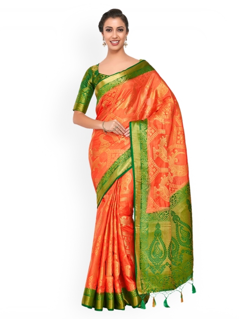

MIMOSA Orange & Green Art Silk Woven Design Kanjeevaram Saree