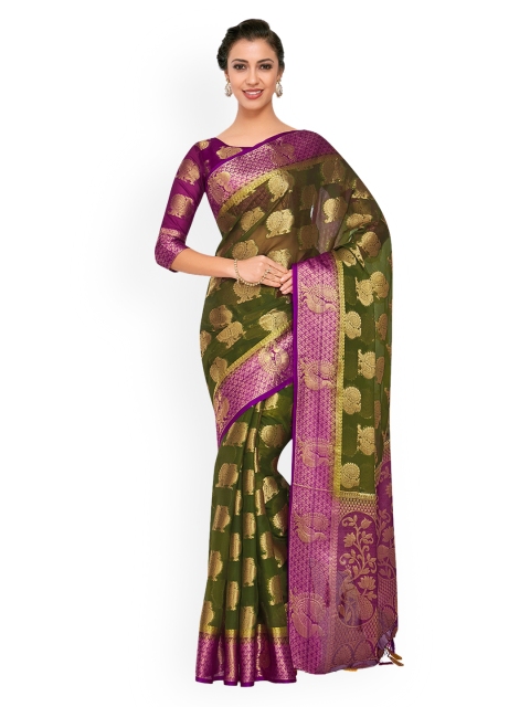 

MIMOSA Olive Green & Purple Art Silk Woven Design Kanjeevaram Saree
