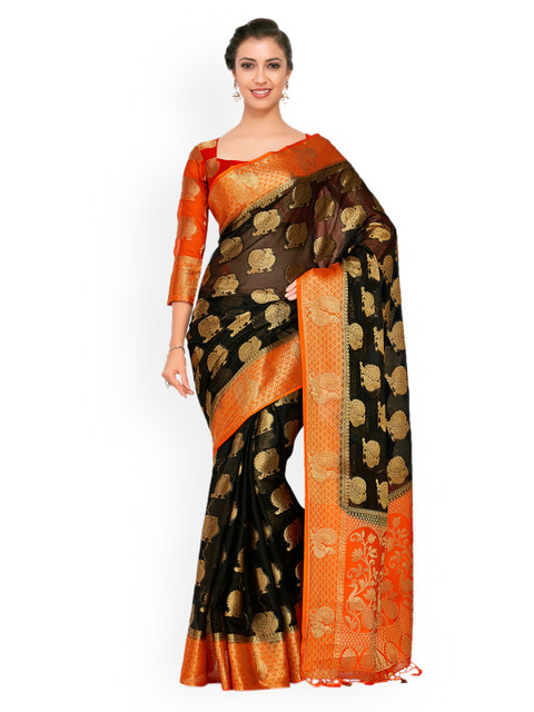 

MIMOSA Black & Orange Art Silk Woven Design Kanjeevaram Saree