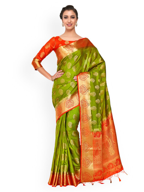 

MIMOSA Green & Orange Art Silk Woven Design Kanjeevaram Saree