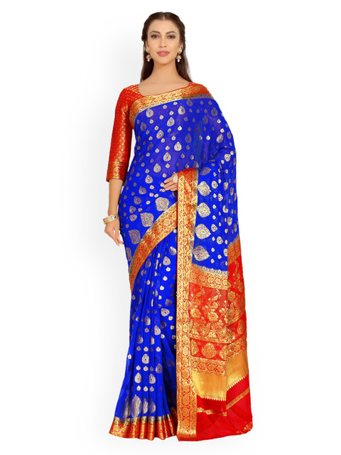 

MIMOSA Blue & Orange Poly Chiffon Woven Design Kanjeevaram Saree
