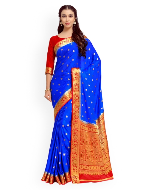 

MIMOSA Blue & Red Poly Crepe Woven Design Kanjeevaram Saree