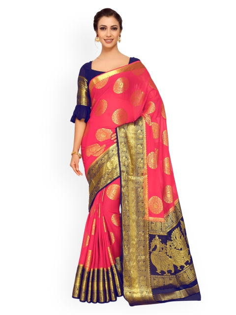 

MIMOSA Pink & Navy Blue Poly Chiffon Woven Design Kanjeevaram Saree