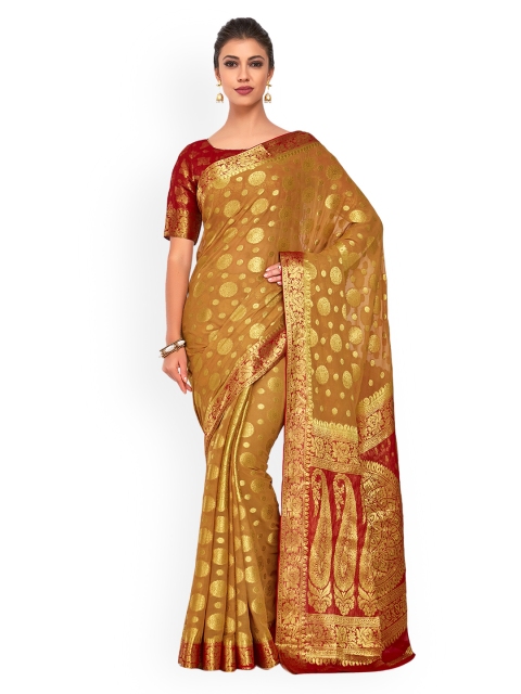 

MIMOSA Tan & Maroon Poly Chiffon Woven Design Kanjeevaram Saree