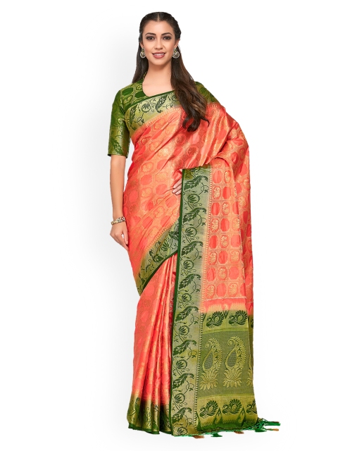 

MIMOSA Peach-Coloured & Green Art Silk Woven Design Kanjeevaram Saree