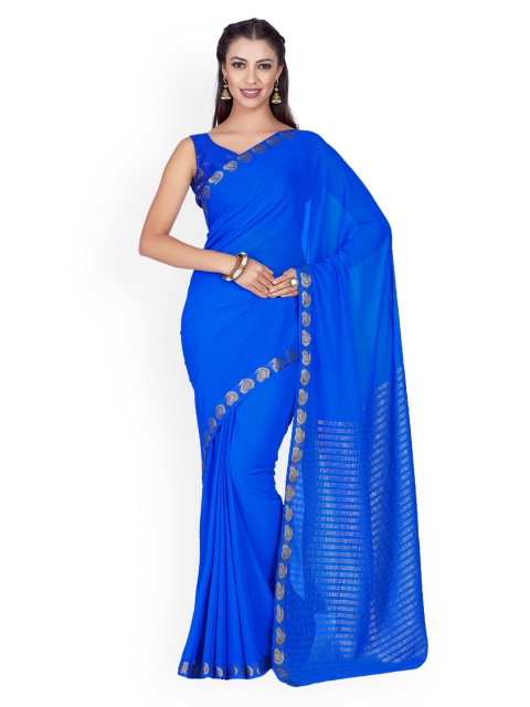 

MIMOSA Blue Poly Chiffon Solid Kanjeevaram Saree