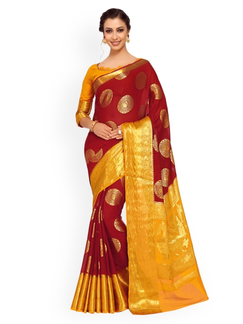 

MIMOSA Maroon & Mustard Yellow Poly Chiffon Woven Design Kanjeevaram Saree