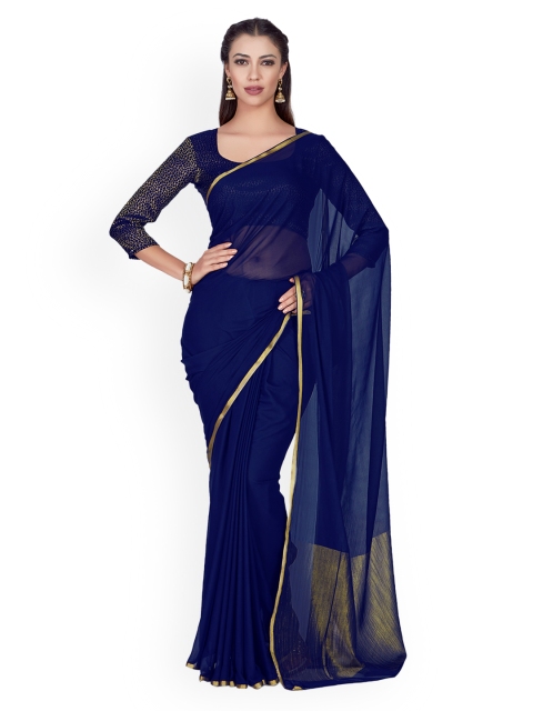 

MIMOSA Navy Blue Poly Chiffon Solid Kanjeevaram Saree
