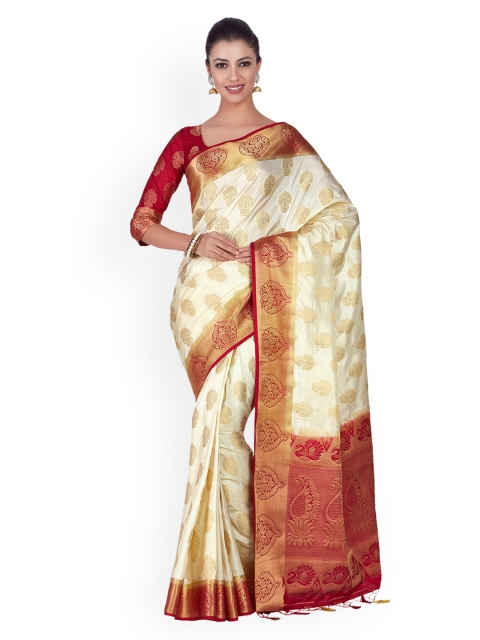 

MIMOSA Off-White & Red Art Silk Woven Design Kanjeevaram Saree