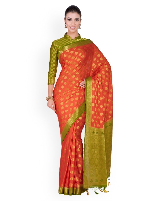 

MIMOSA Orange & Green Poly Crepe Woven Design Kanjeevaram Saree