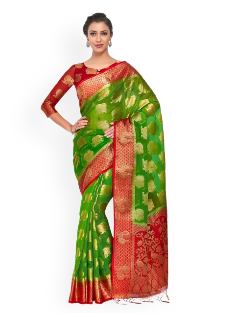 

MIMOSA Green & Red Art Silk Woven Design Kanjeevaram Saree