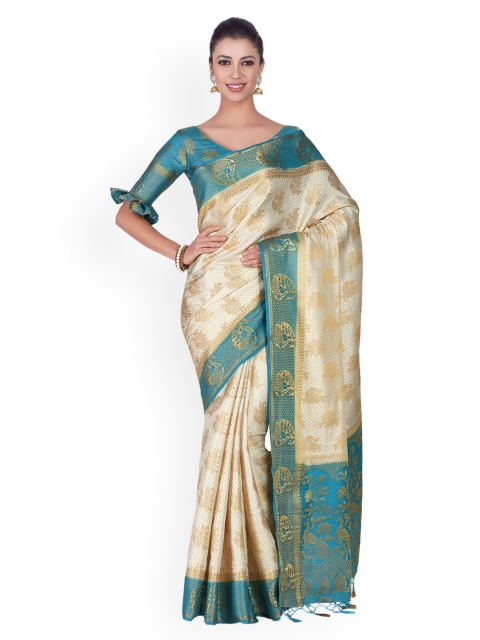 

MIMOSA Off-White & Blue Art Silk Woven Design Kanjeevaram Saree