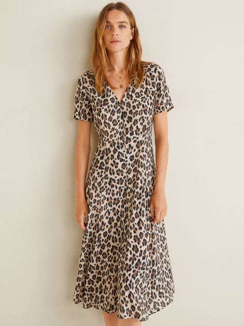 

MANGO Women Beige & Black Printed Shirt Dress