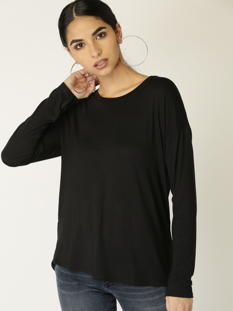 

MANGO Women Black Solid Round Neck Longline T-shirt