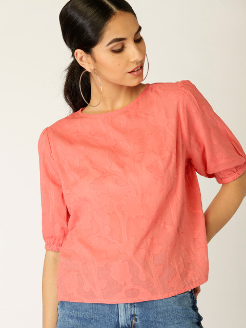 

MANGO Women Coral Pink Self Design Boxy Top