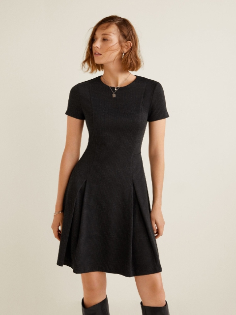 

MANGO Women Charcoal Grey Checked Fit and Flare Dress