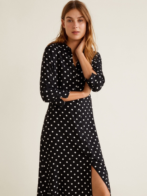 

MANGO Women Black & White Polka Dot Print Maxi Shirt Dress