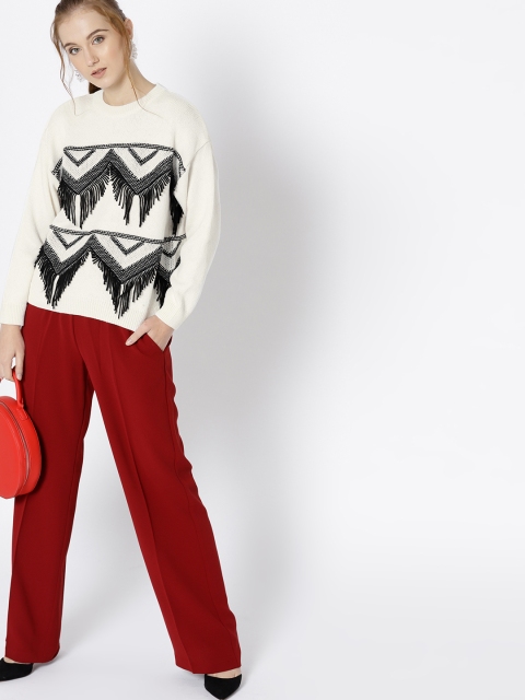 

MANGO Women White & Black Self-Design Fringed Pullover