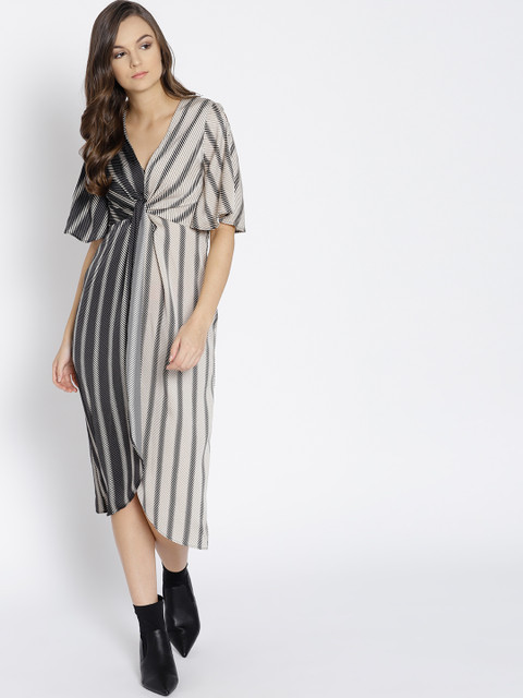 

MANGO Women Black & Beige Striped A-Line Dress