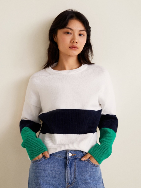 

MANGO Women White & Navy Blue Colourblocked Pullover