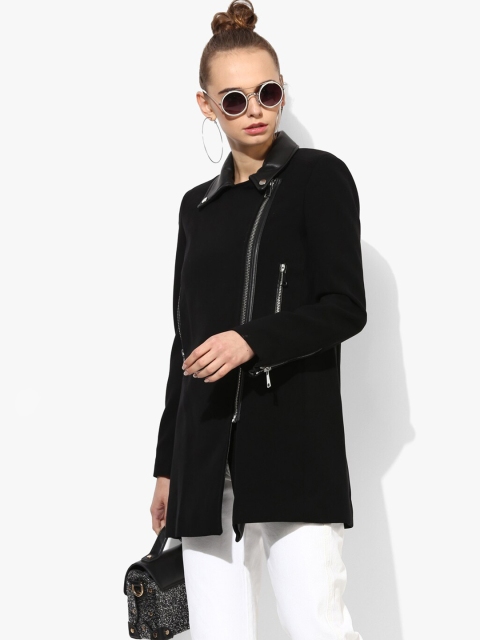 

MANGO Women Black Solid Hip-Length Asymmetric Zip Coat