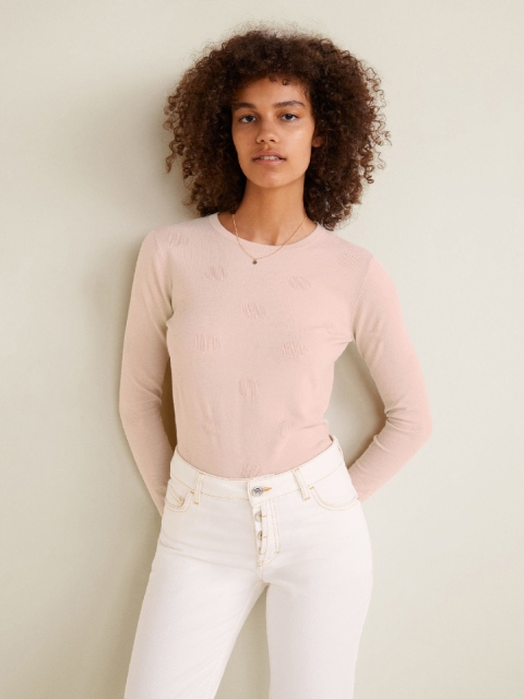 

MANGO Women Peach-Coloured Self Design Pullover
