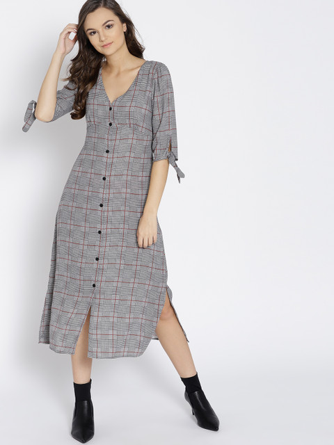 

MANGO Women Black & White Checked Shirt Dress