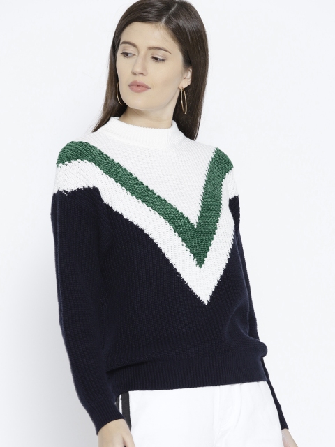 

MANGO Women White & Navy Blue Colourblocked Ribbed Pullover