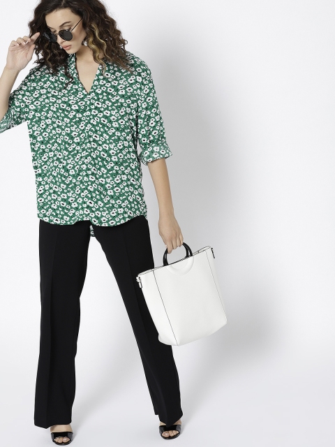 

MANGO Women Green & White Printed Shirt Style Top