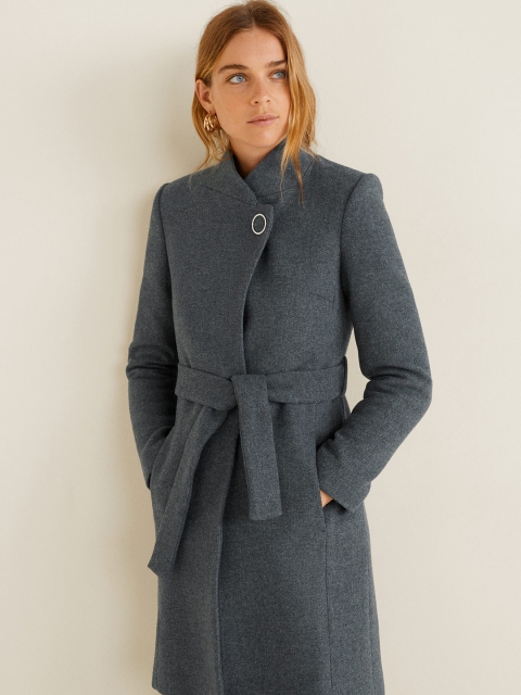 

MANGO Women Grey Solid Overcoat