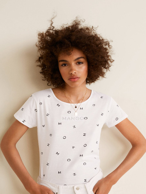 

MANGO Women White Printed Round Neck T-shirt