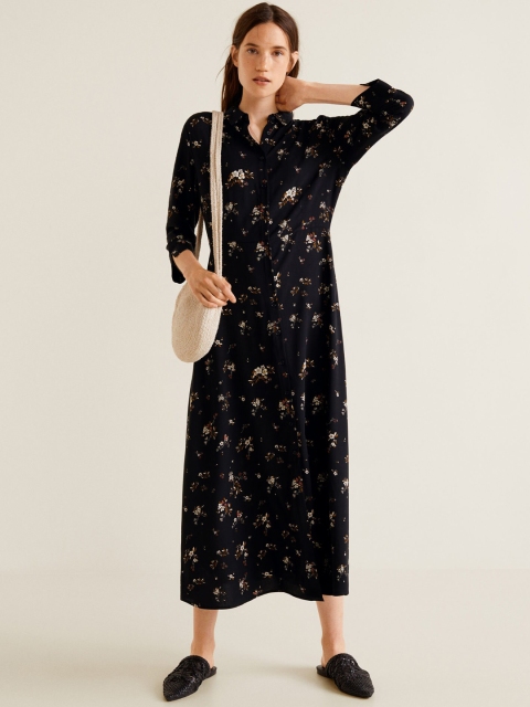 

MANGO Women Black & Off White Floral Printed Maxi Dress