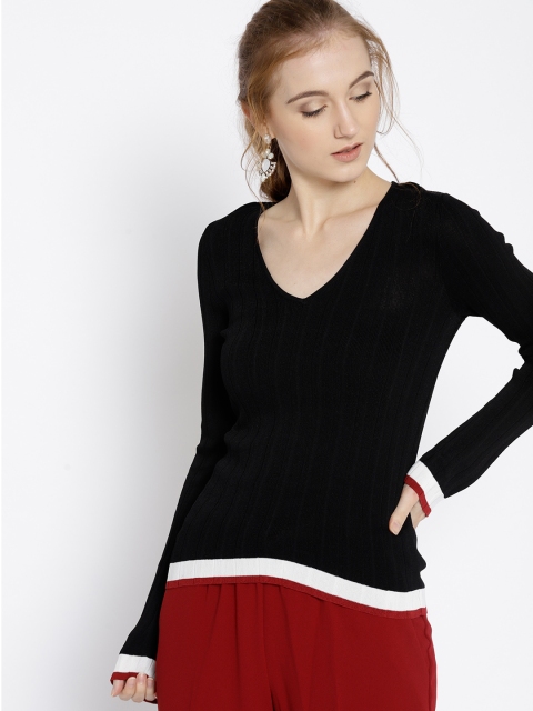 

MANGO Women Black Self-Striped Pullover